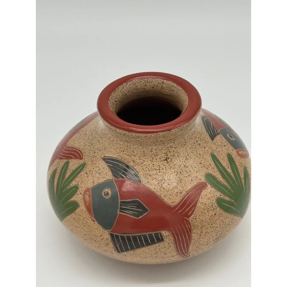 Vintage Nicaraguan Folk Art Pottery Vase Hand Carved Inciso Fish Design Boho